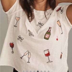 Anthropologie Petite Caitlin Embroidered Cocktails Boxy T-shirt by Maeve Size XS